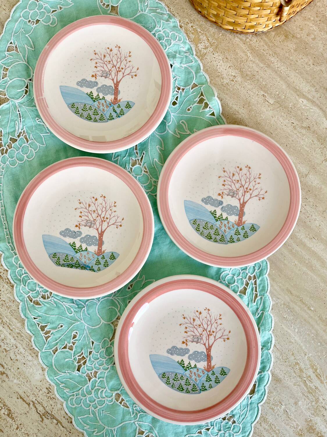 4 vintage powder pink dessert plates