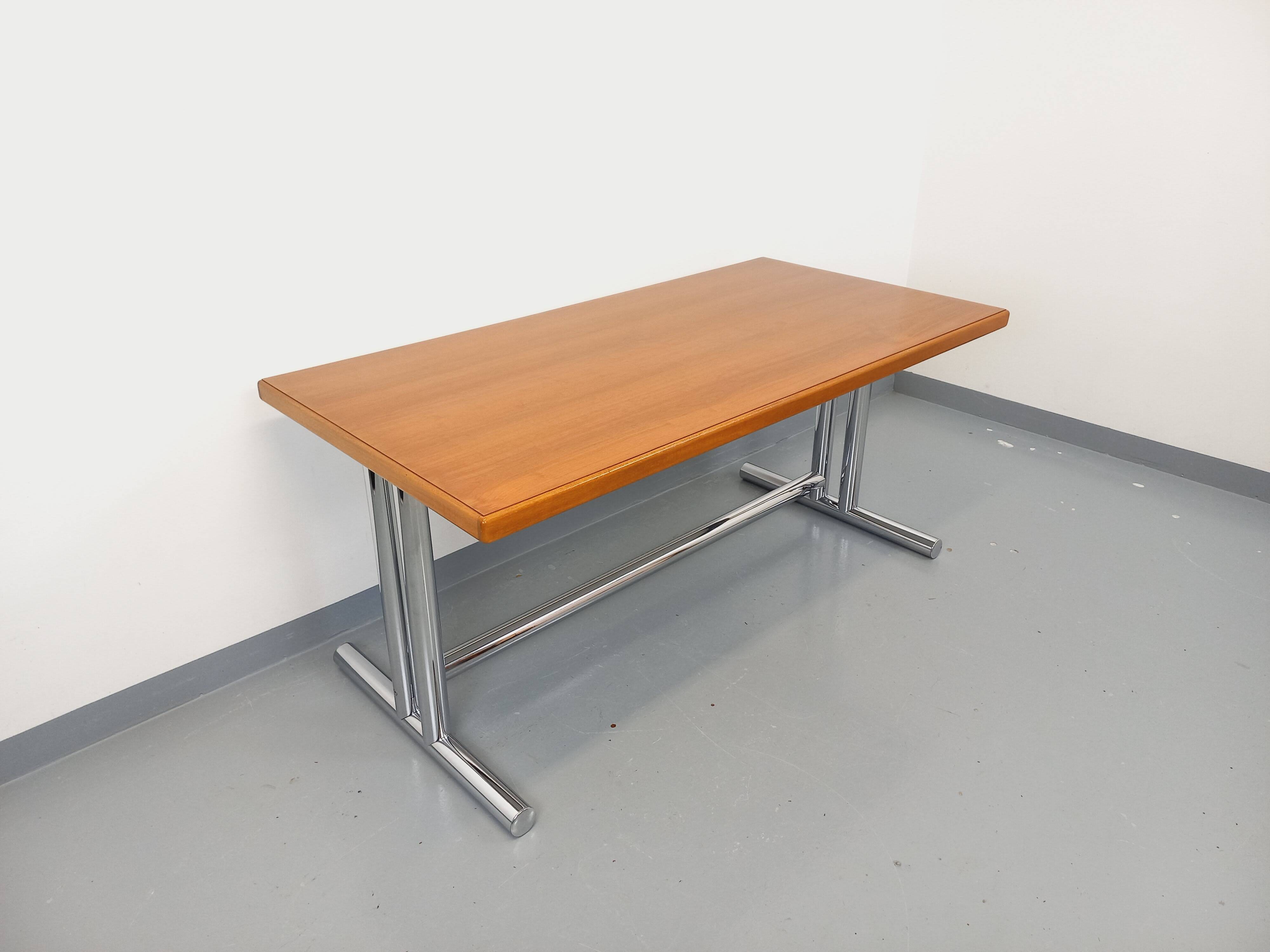Vintage walnut and chrome metal desk from the 1970s.