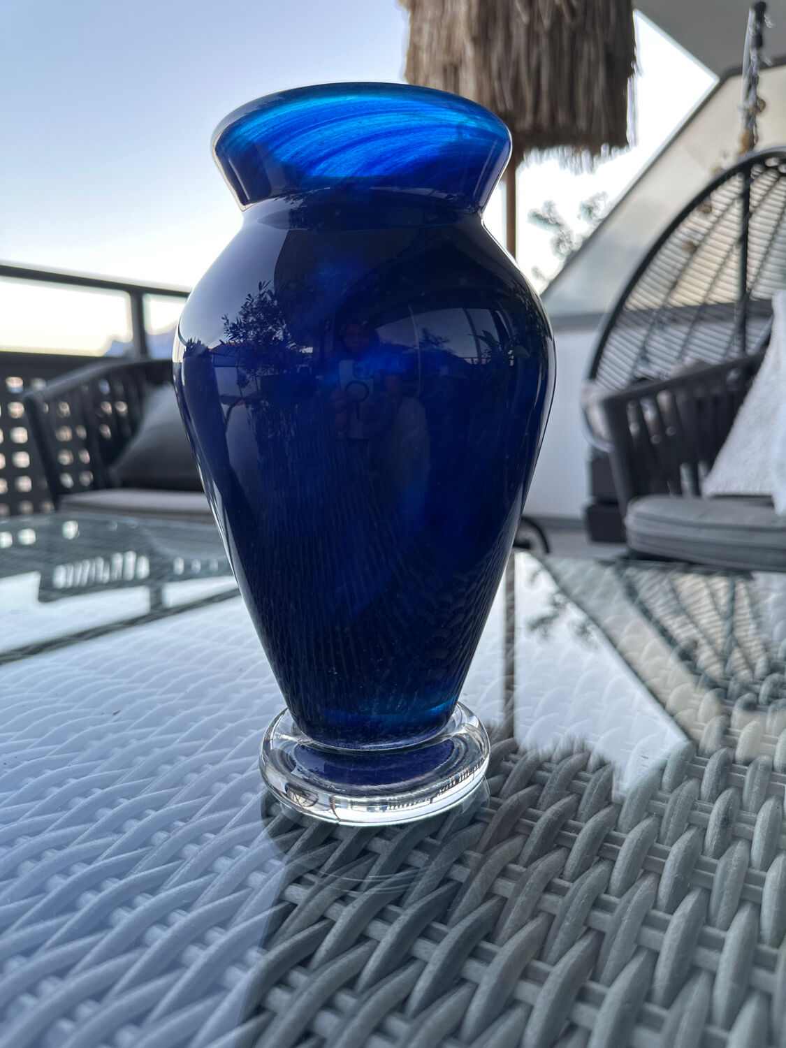 Cobalt blue glass vase, signed, glass art piece.