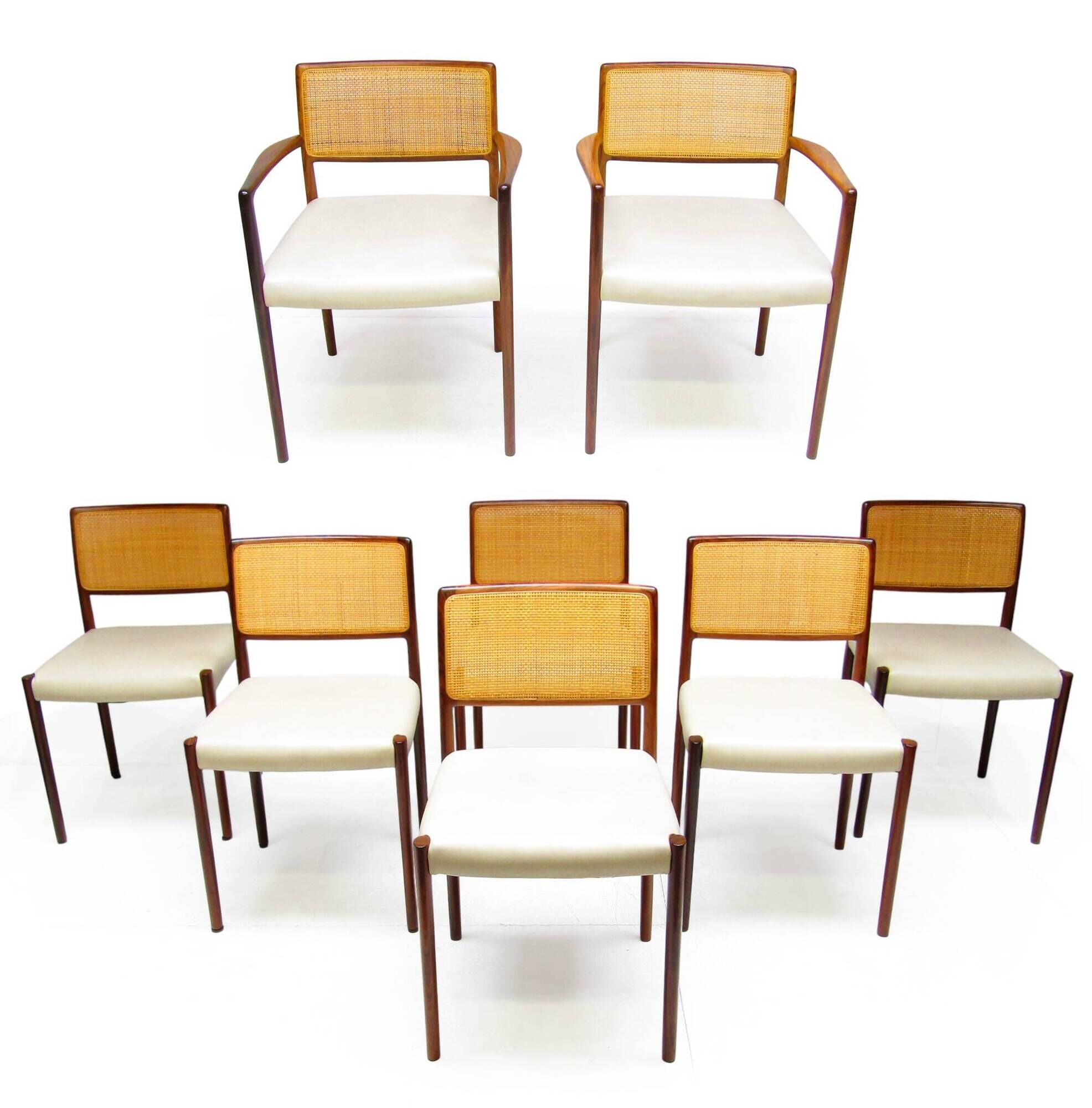 Set of 8 Danish Dining Chairs in Rosewood & Rattan attr. Niels Moller