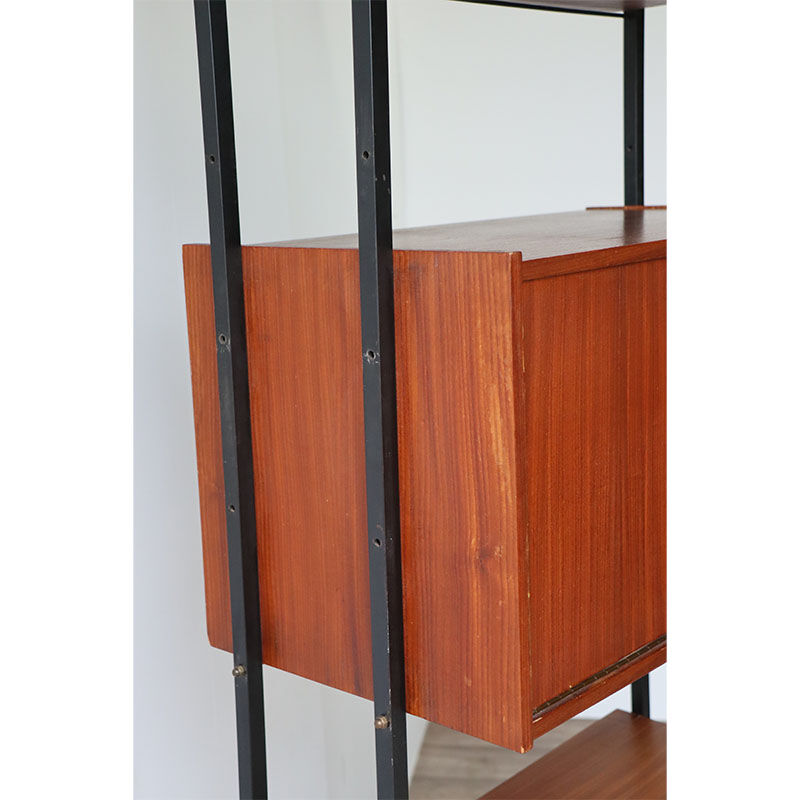 Bibliothèque vintage modulable avec étagères en bois et métal 1960