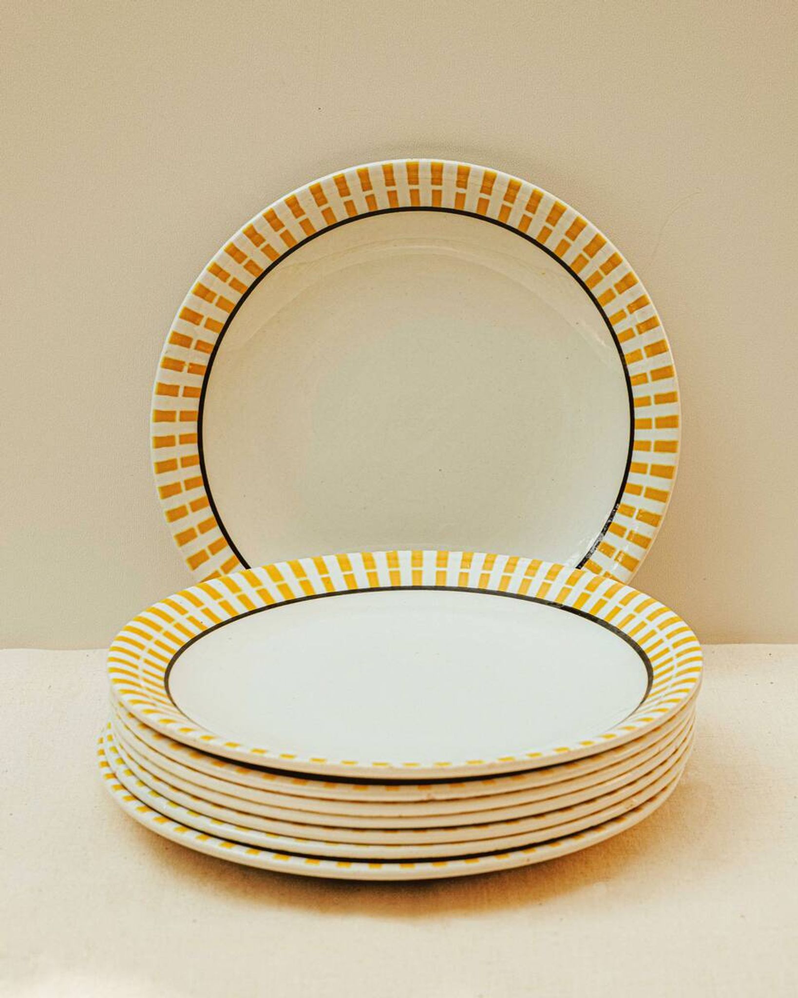 French Country Style Hand Painted Breakfast Plates with Yellow Stripes, Set of 8