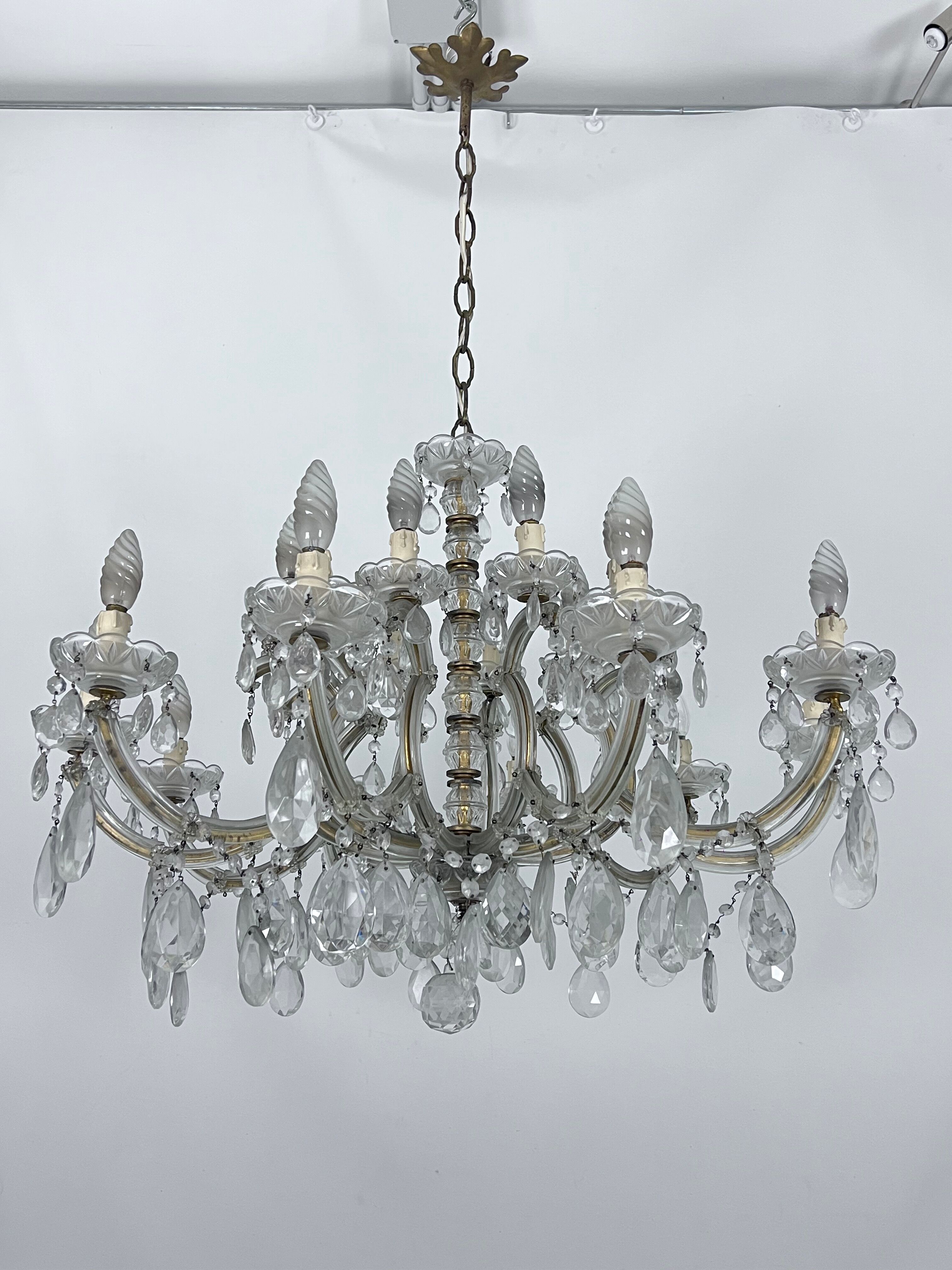 Mid-Century Maria Teresa crystal and brass large chandelier. Italy 1940s