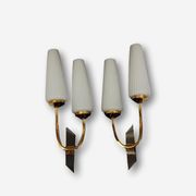 Pair of wall lamps in gilded metal and opaline style white glass