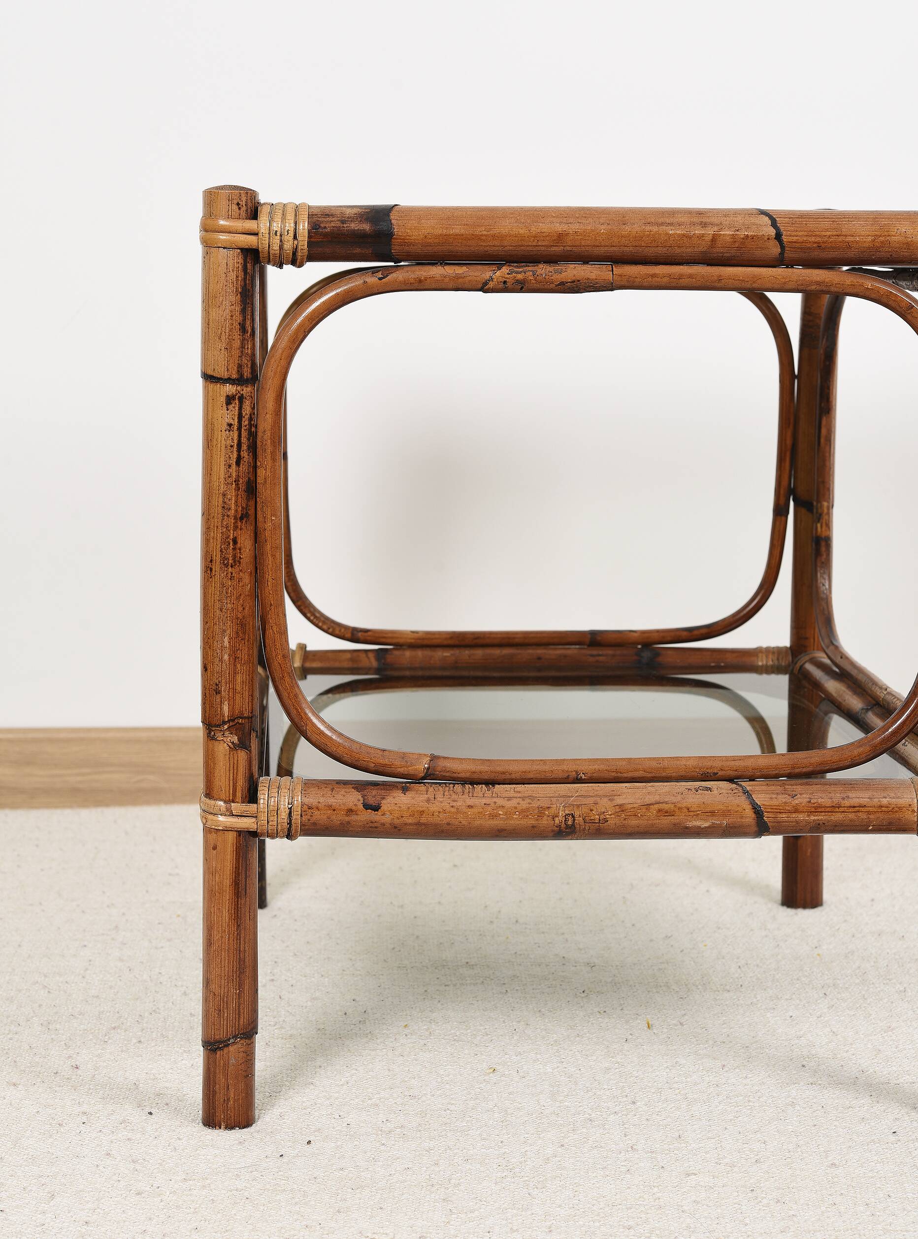 Bedside table or coffee table in bamboo and smoked glass, double top, 70s
