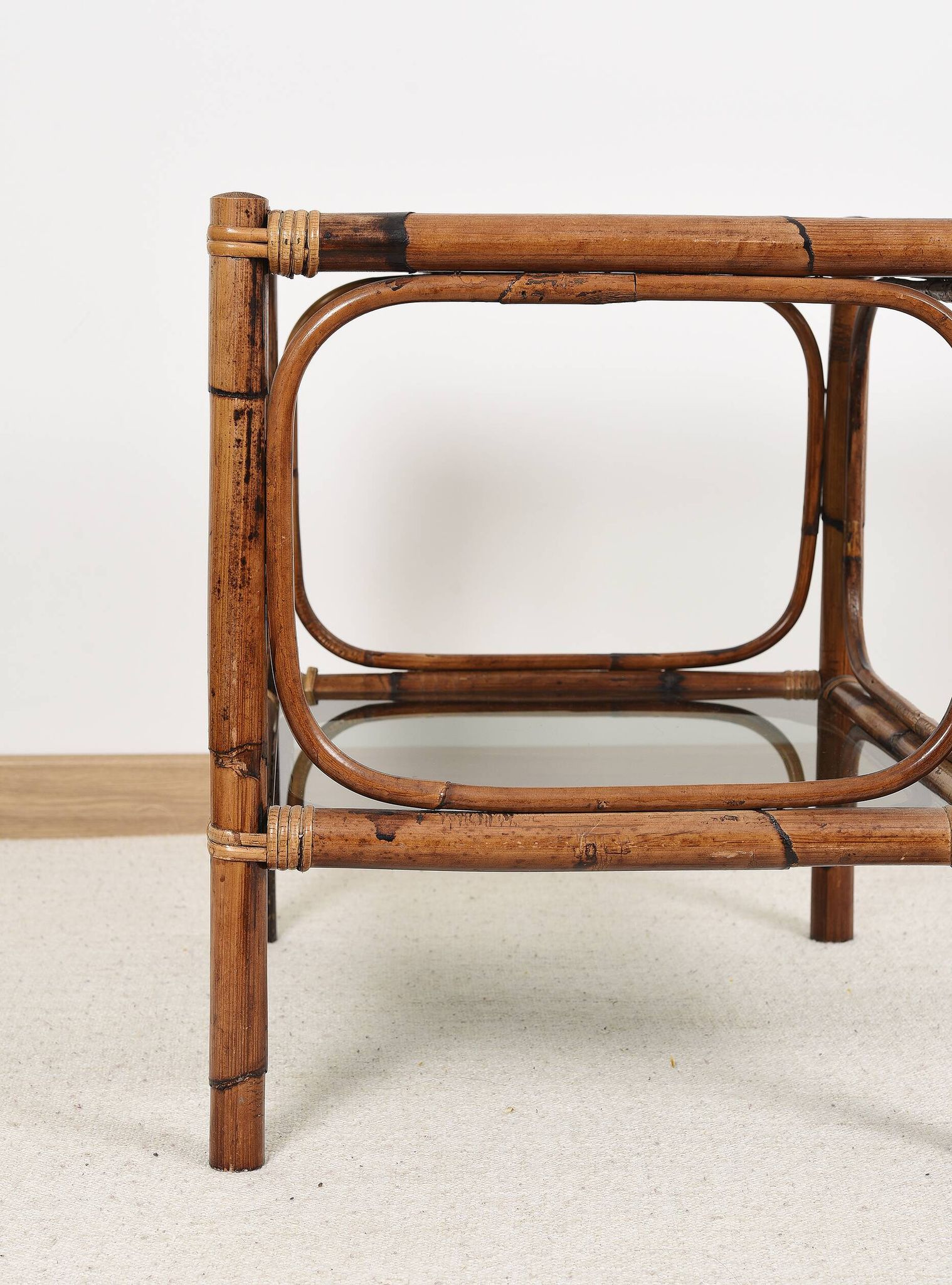 Bedside table or coffee table in bamboo and smoked glass, double top, 70s