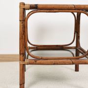 Bedside table or coffee table in bamboo and smoked glass, double top, 70s