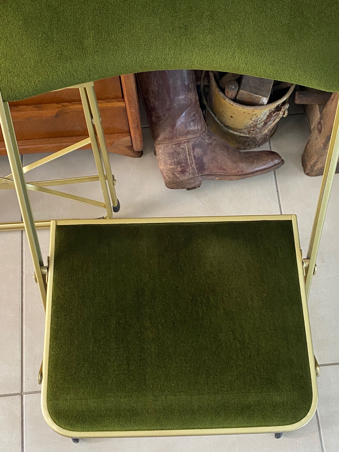 Pair of vintage green velvet folding chairs