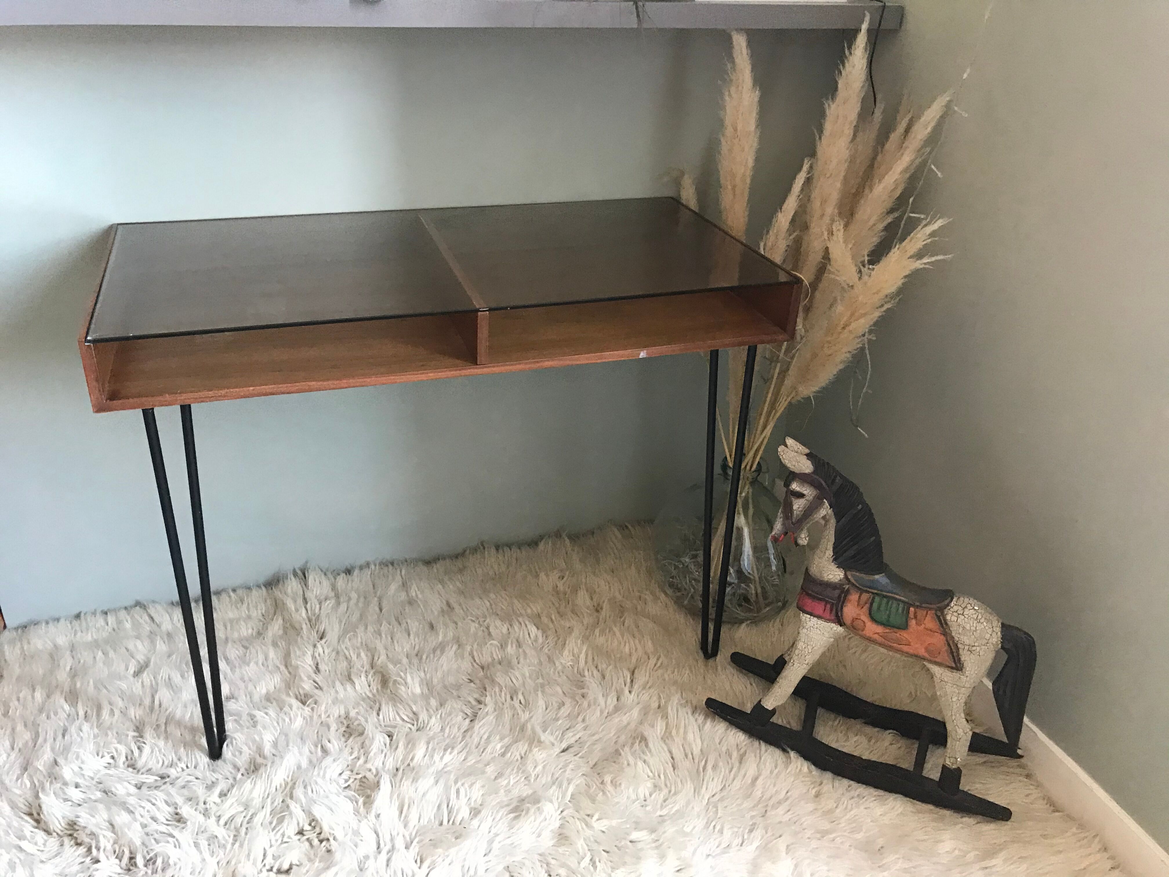 Vintage wooden desk console and tempered glass