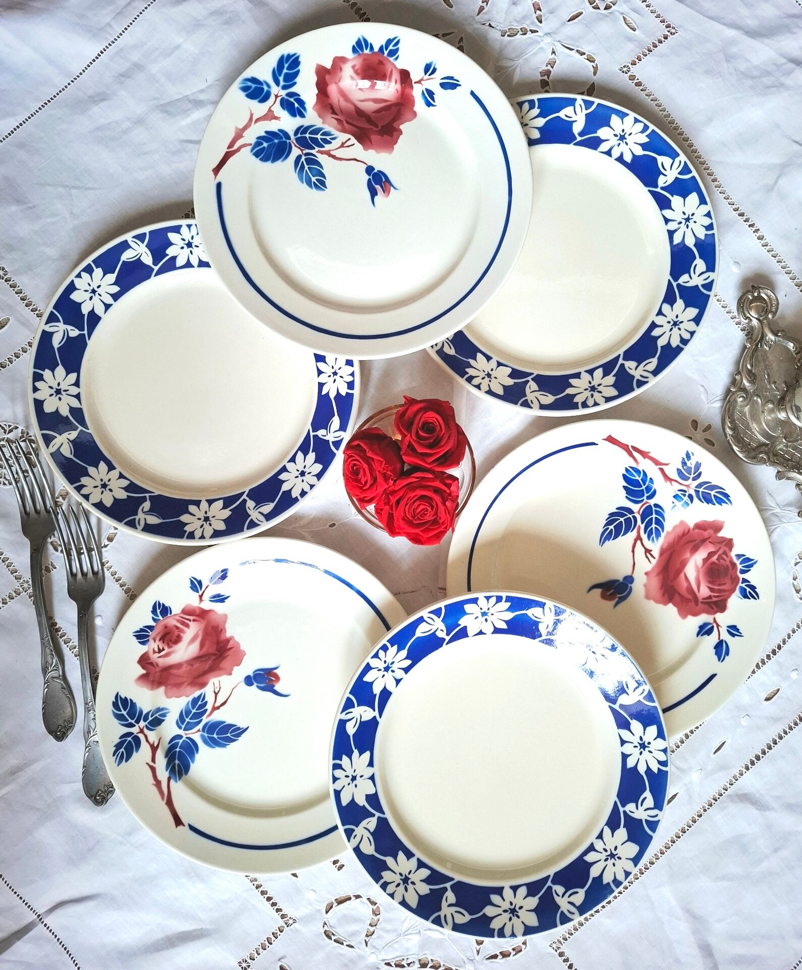 Old mismatched flat plates in earthenware