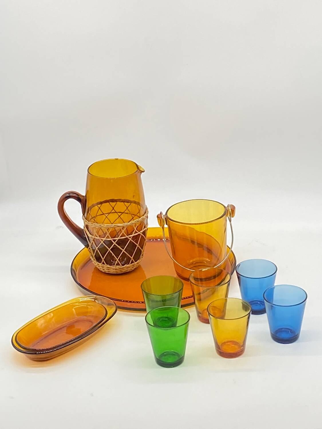 Service à apéritif vintage en verre de couleurs, Duralex-Vereco