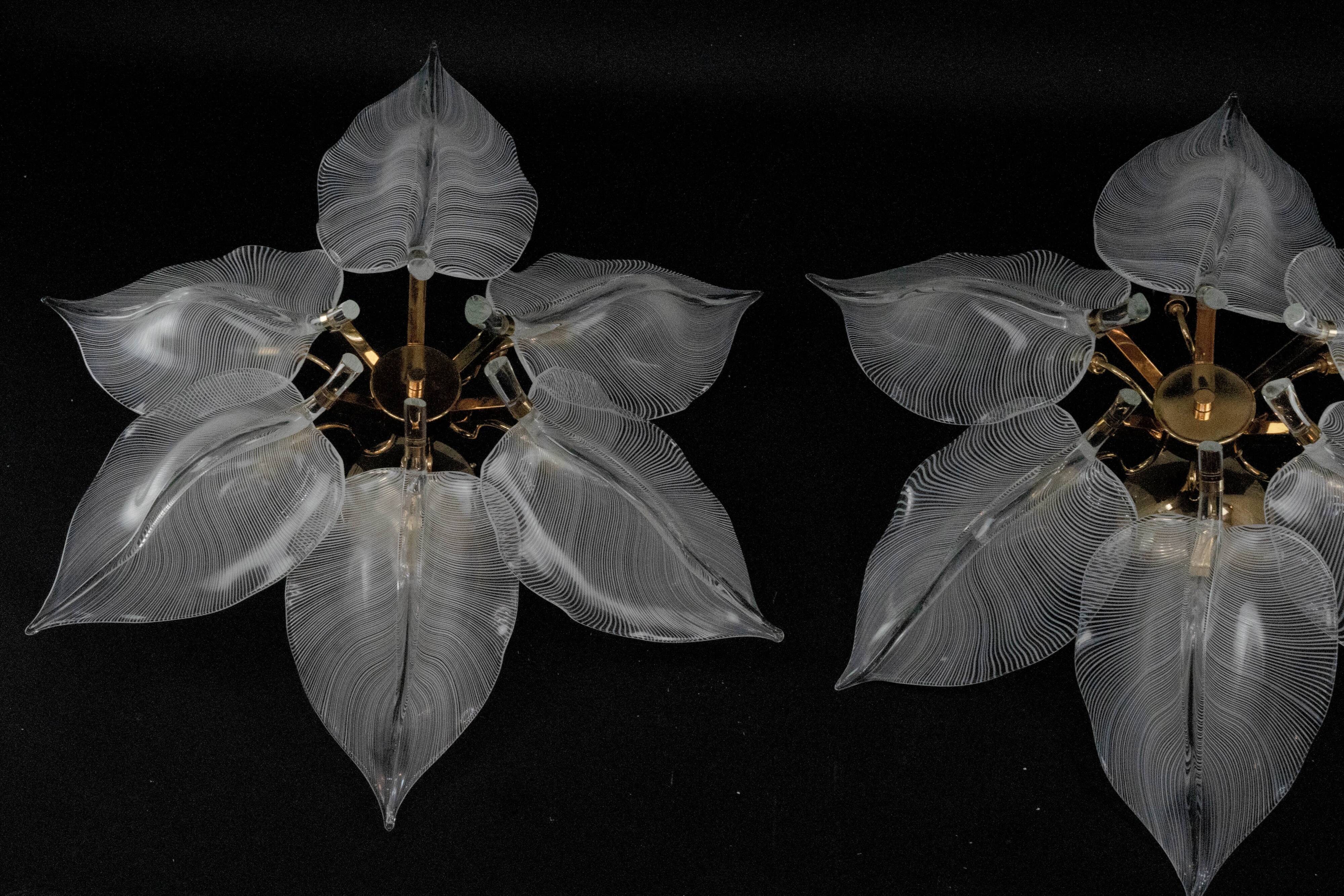 Plafonniers en verre de Murano en forme de feuille Franco Luce des années 1970.