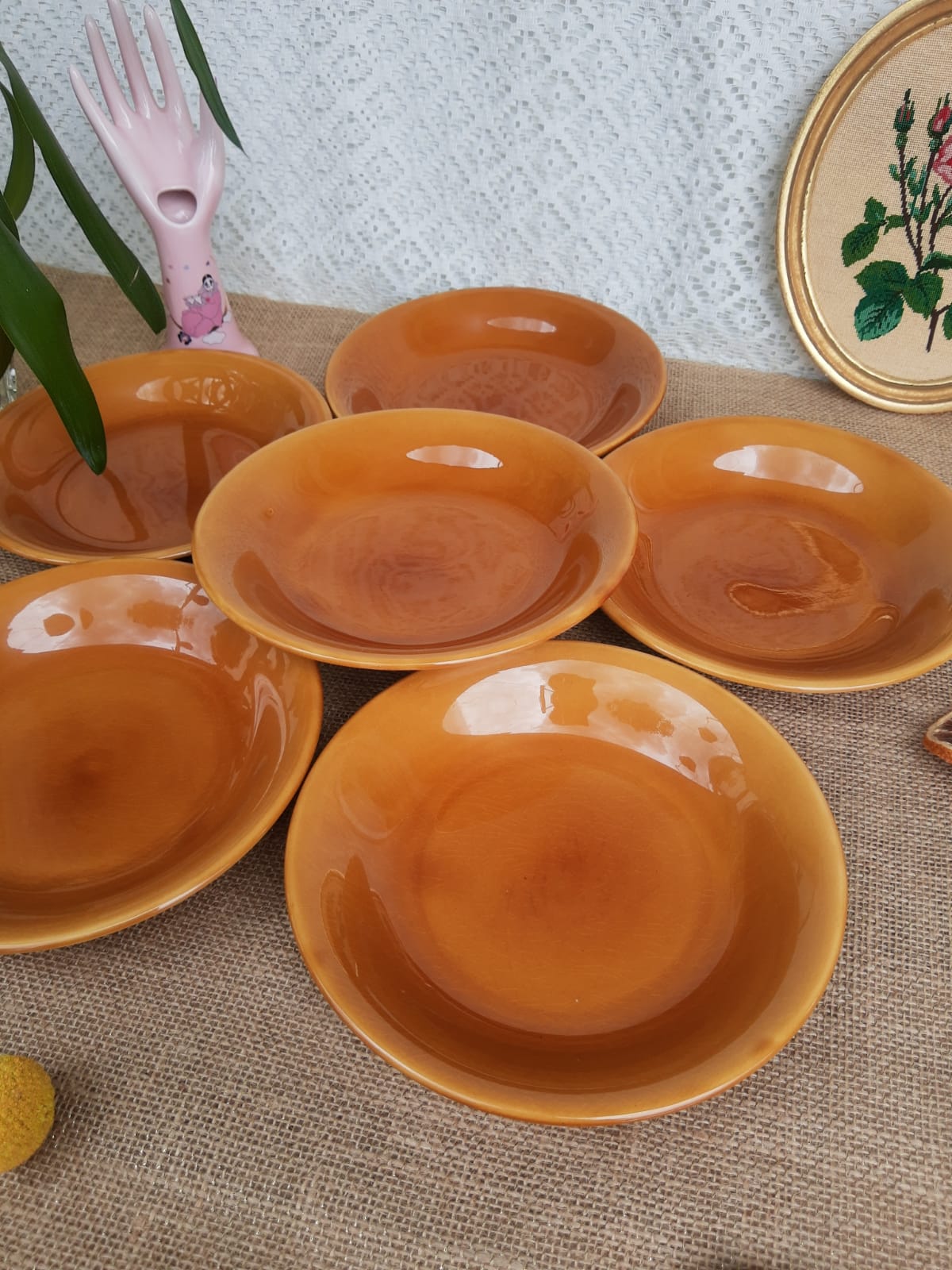 Set of 6 hollow plates Longchamp France mustard - vintage
