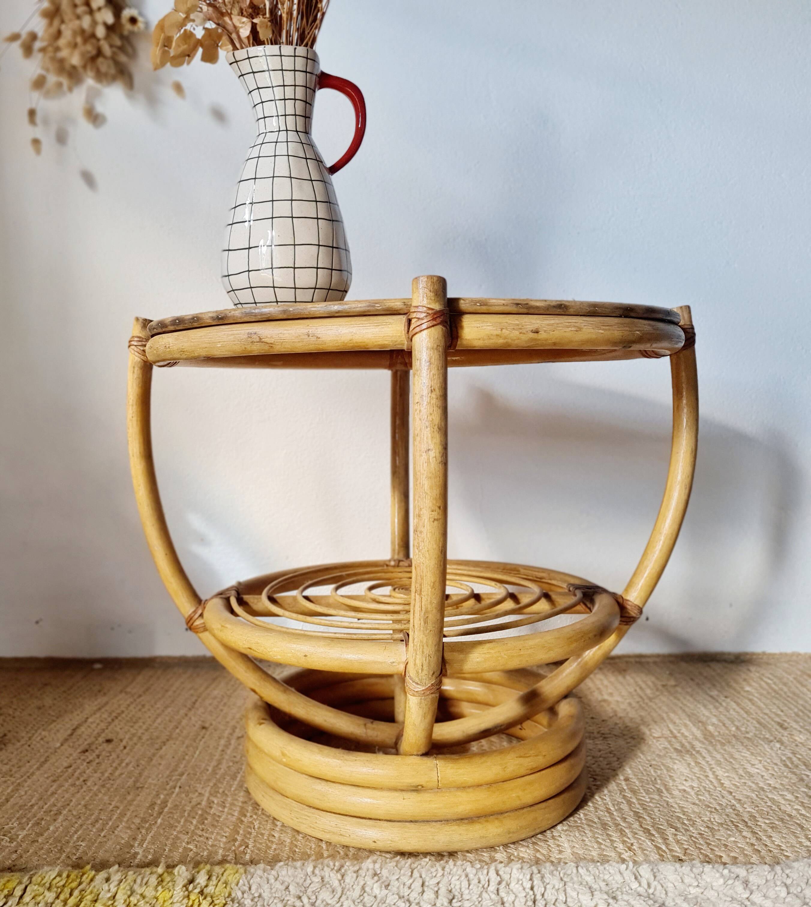 Vintage rattan side table with two round tops – 1960