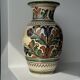 Large Provençal vase with beige background, green, blue and brown decoration of stylized plants