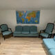 Banquette sofa circa 1970 blue fabric/yellow polka dots