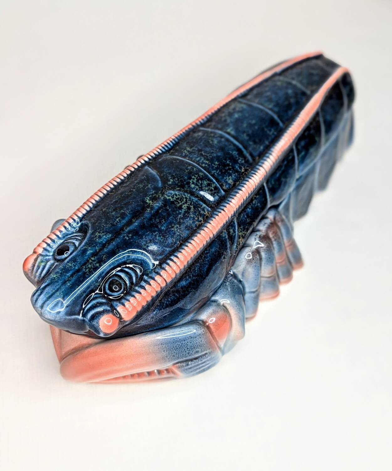 Lobster barbotine signed Michel Caugant midnight blue / coral