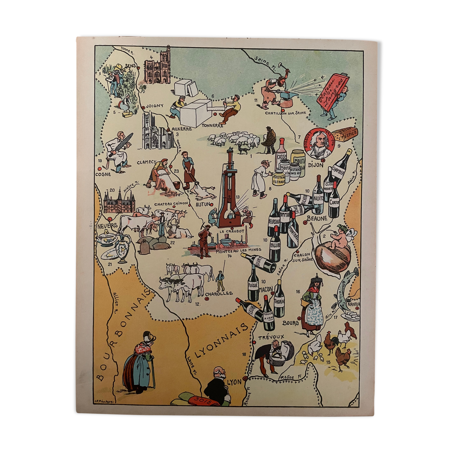 Old illustrated map of Burgundy - JP Pinchon