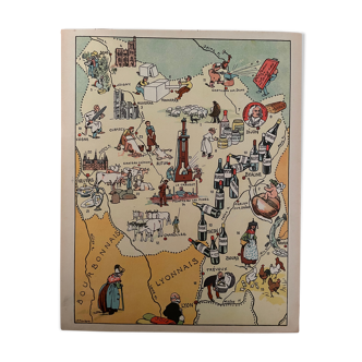 Affiche ancienne carte illustrée de la Bourgogne - JP Pinchon