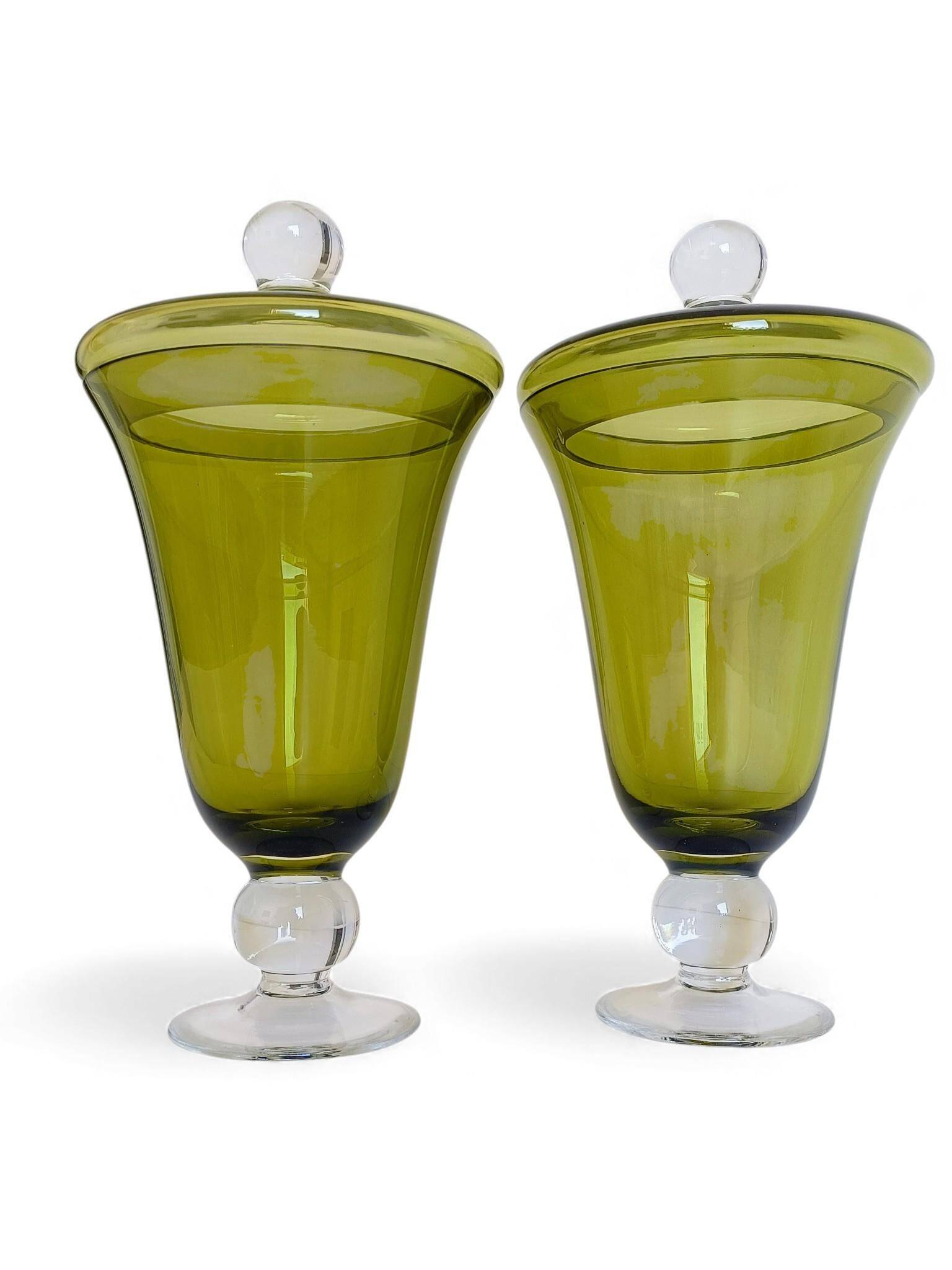 Murano Glass Green Lidded Urns, Venini Style, Italy, 1950s