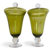 Murano Glass Green Lidded Urns, Venini Style, Italy, 1950s