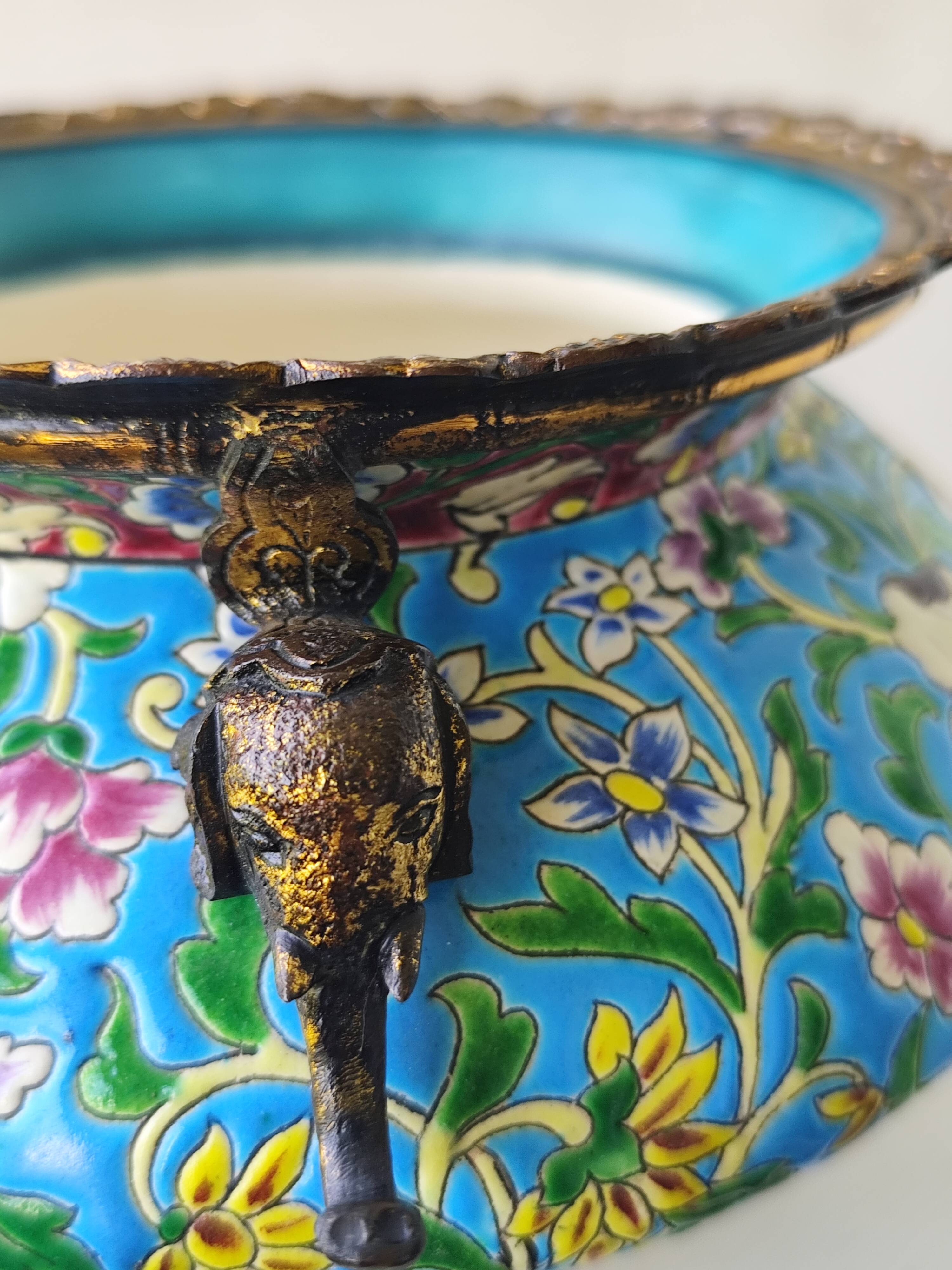 Antique jardinière ceramic enamel Longwy with bronze mount elephant head