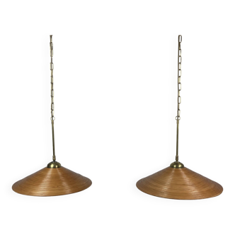 Pencil Reed Rattan Bamboo Hanging Pendant Lamps, Italy, 1970s, Set of 2