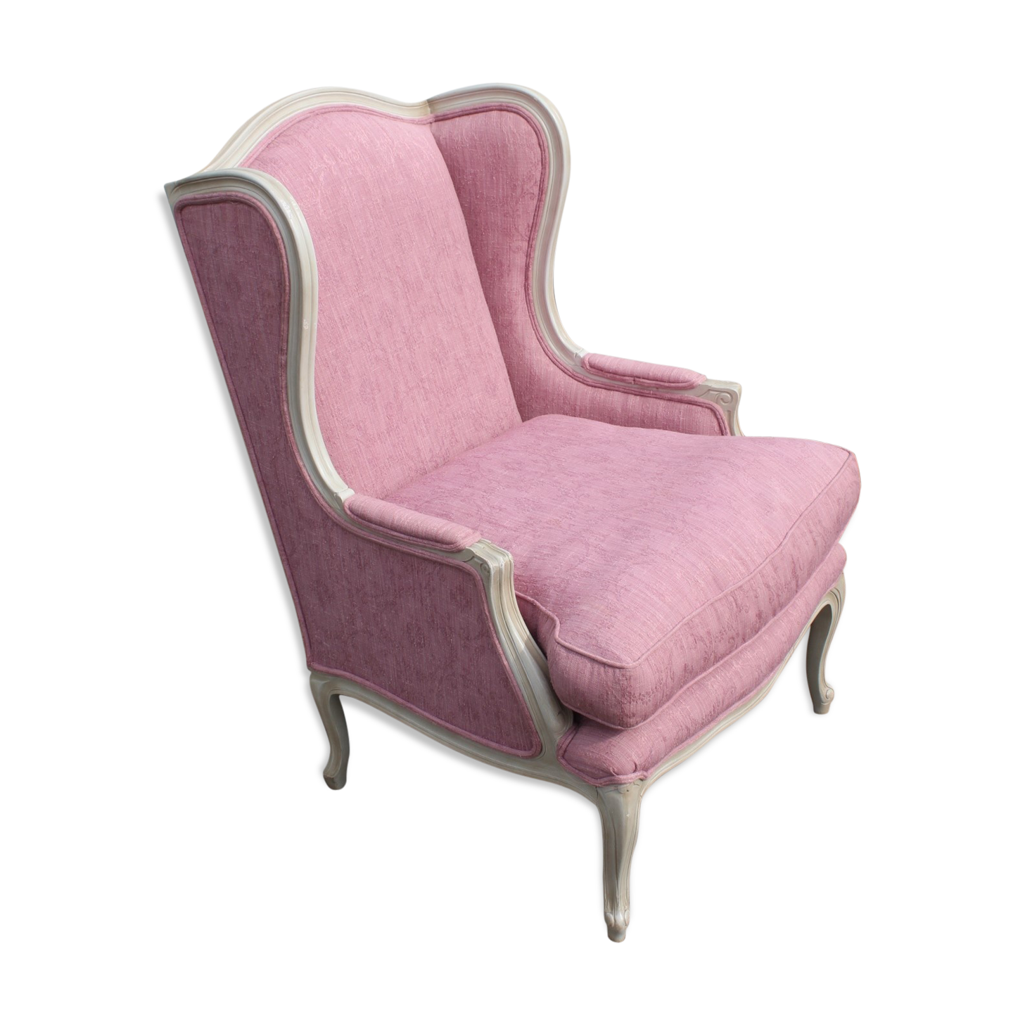 White painted armchair covered in Lilac colour  material