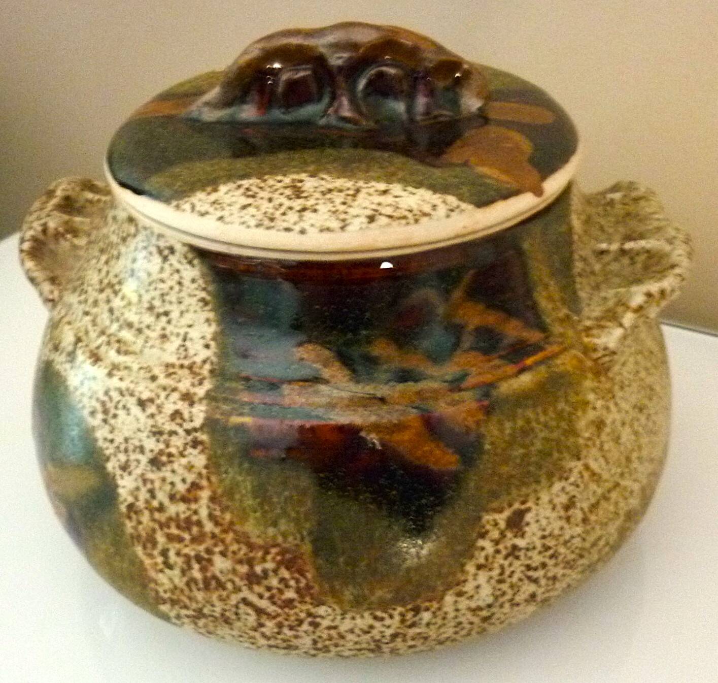 Vegetable dish, covered pot, glazed ceramic art, 1970s, signature to be identified