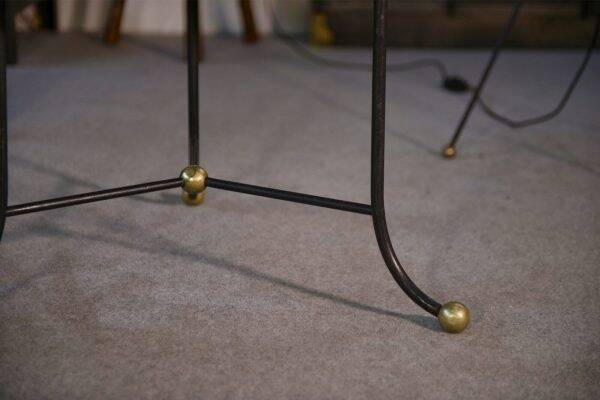 Marble side table with wrought iron base and brass balls in the style of Jean Royère, 1940s