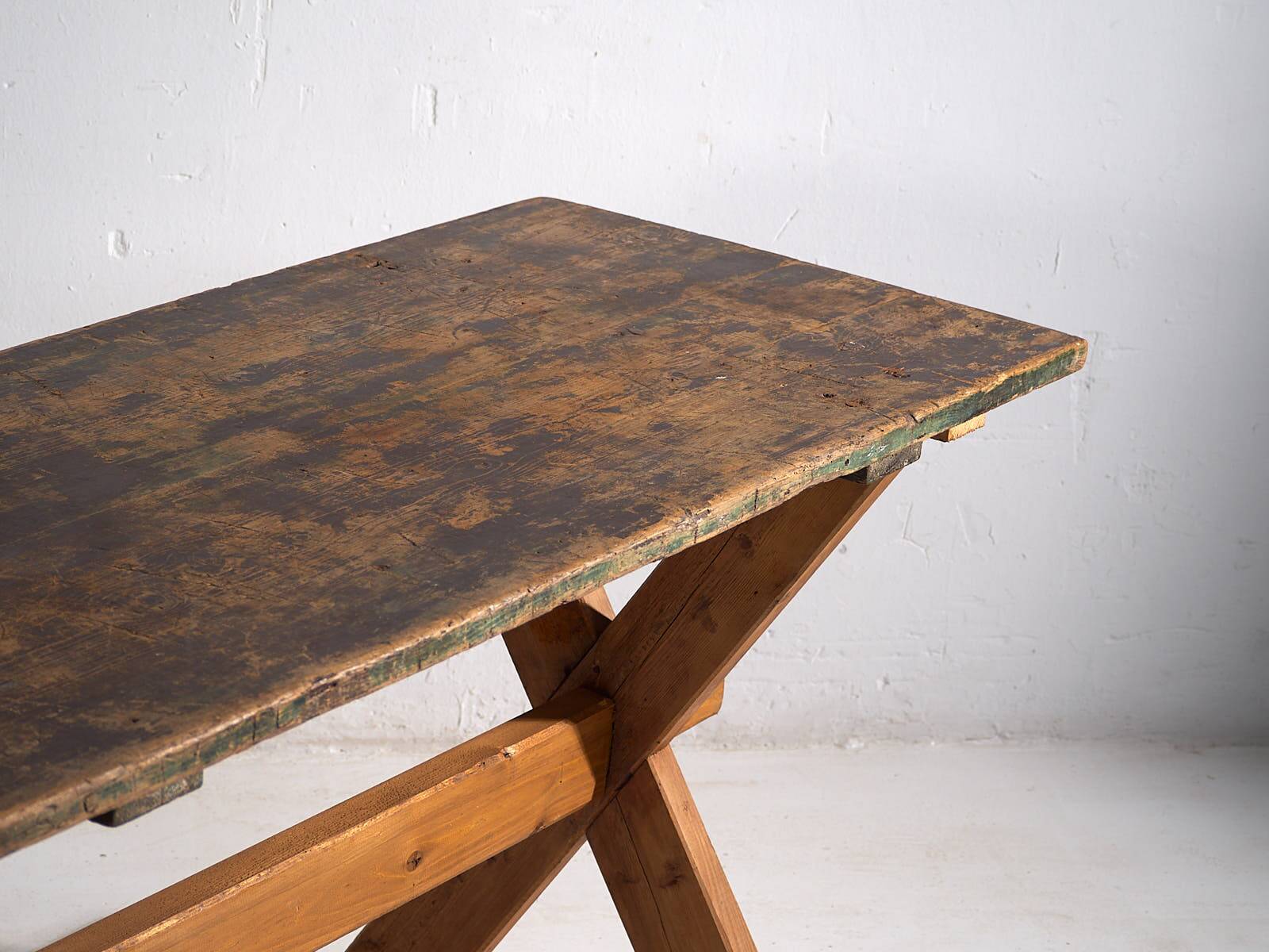 Antique solid wood table with green patina (c.1920)