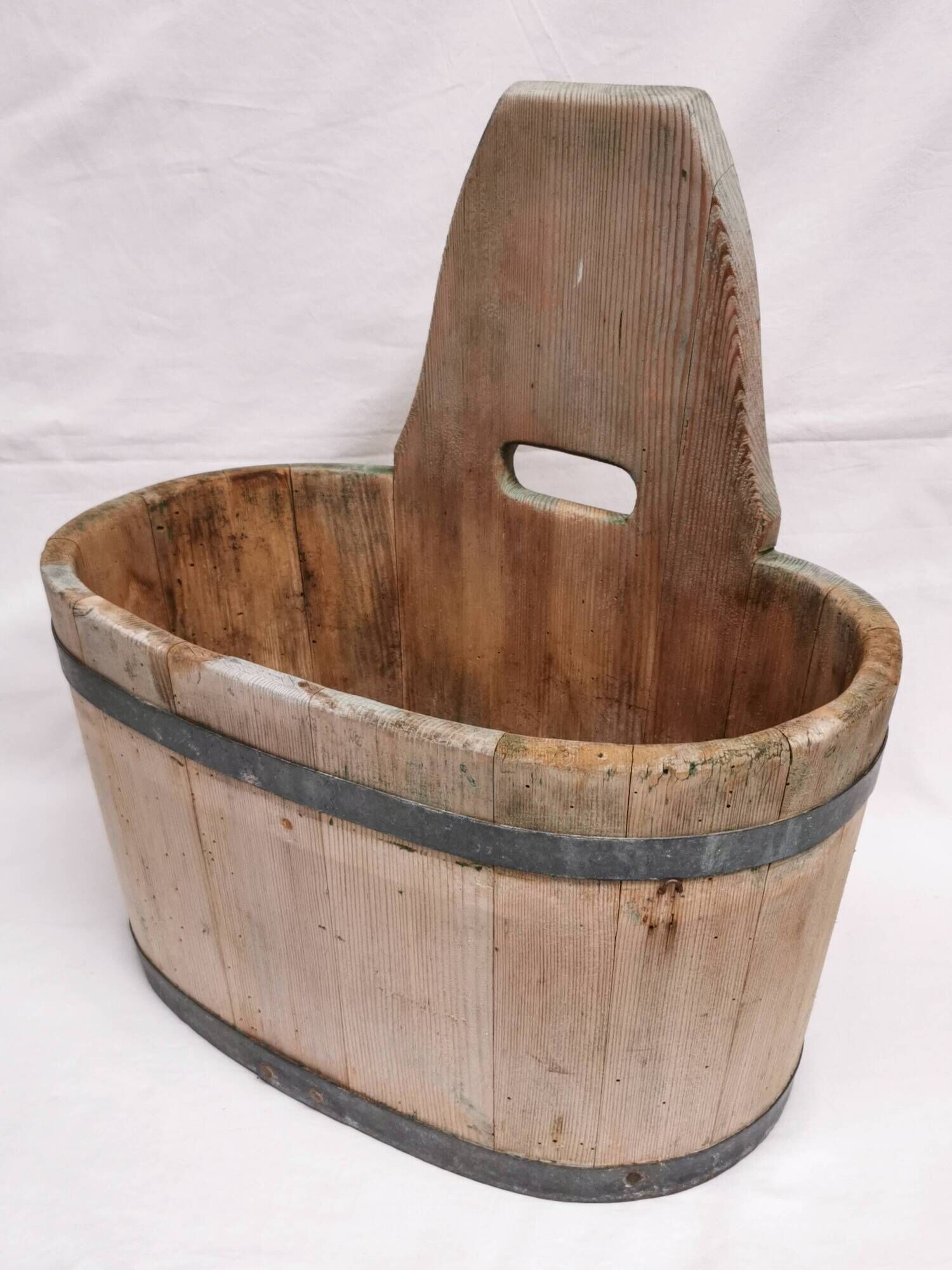 Tub / seille in laid, old swiss wooden cache pot planter, savoie