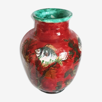 Vase décor de poissons émail rouge