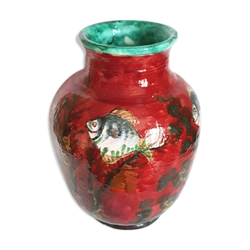 Vase décor de poissons émail rouge