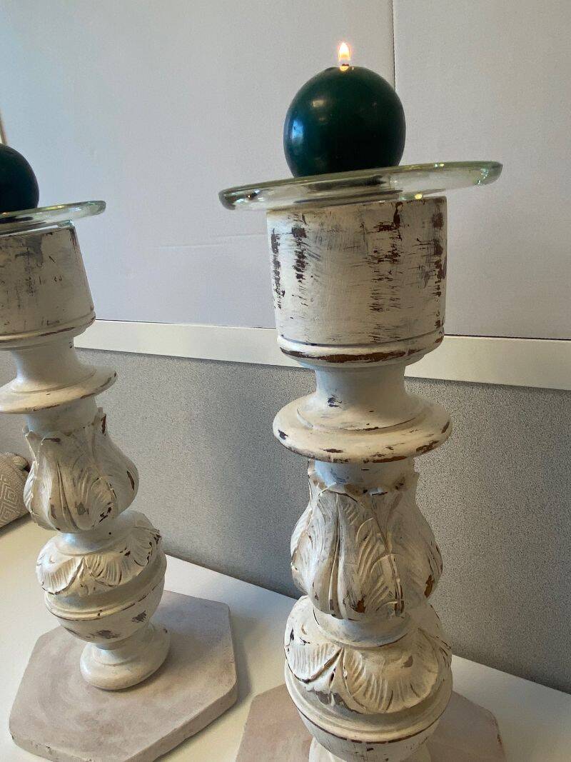 Pair of Large Candlesticks Candle Holders Turned Wood Carved Bleached