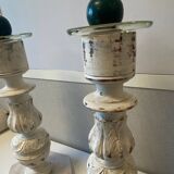 Pair of Large Candlesticks Candle Holders Turned Wood Carved Bleached