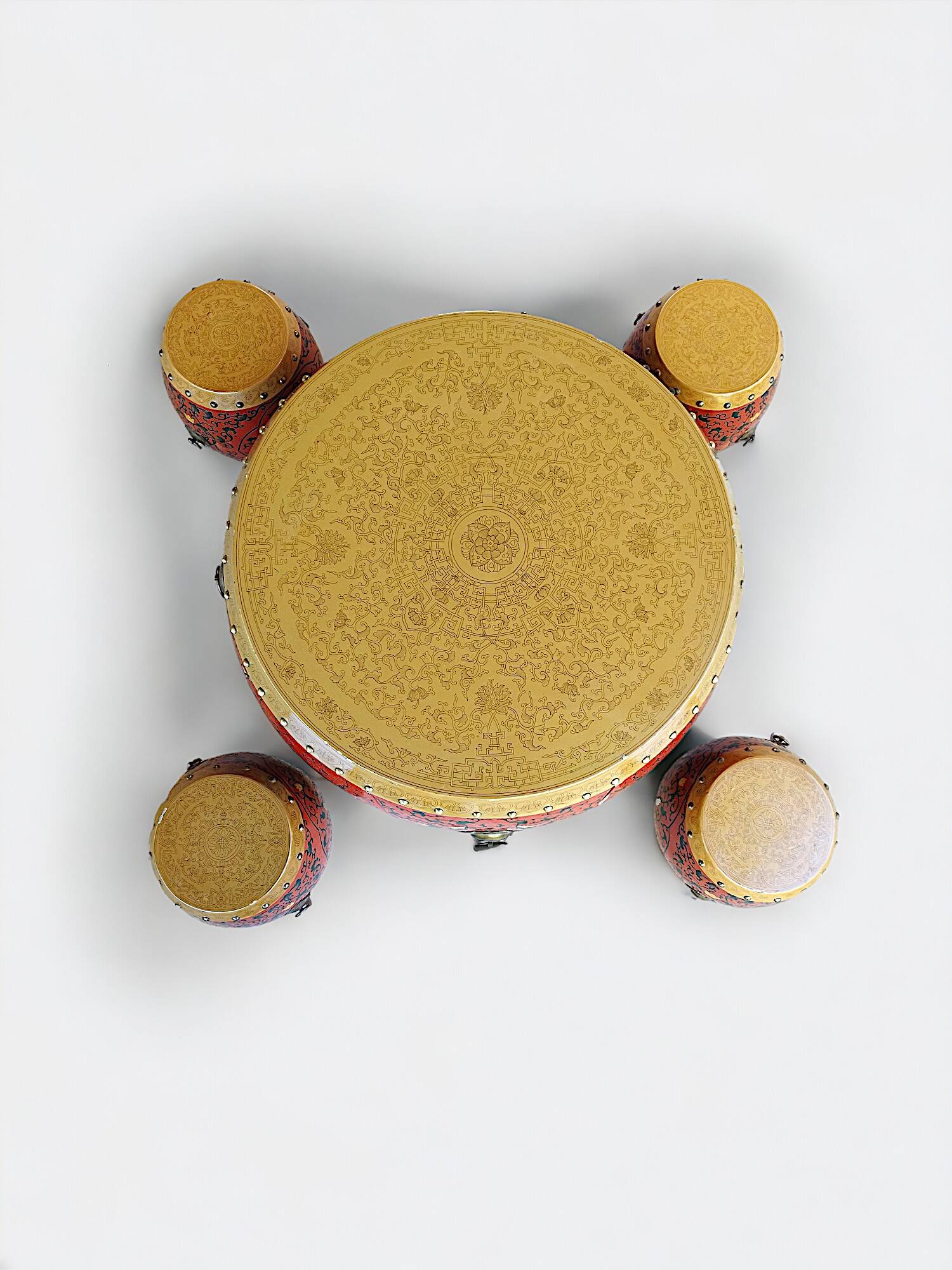 Drum coffee table and its 4 nesting stools in Chinese lacquered wood - Jin