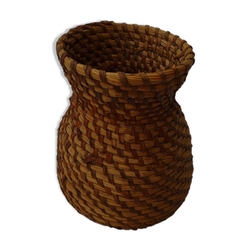 Cache pot ancien en fibres végétales tressées