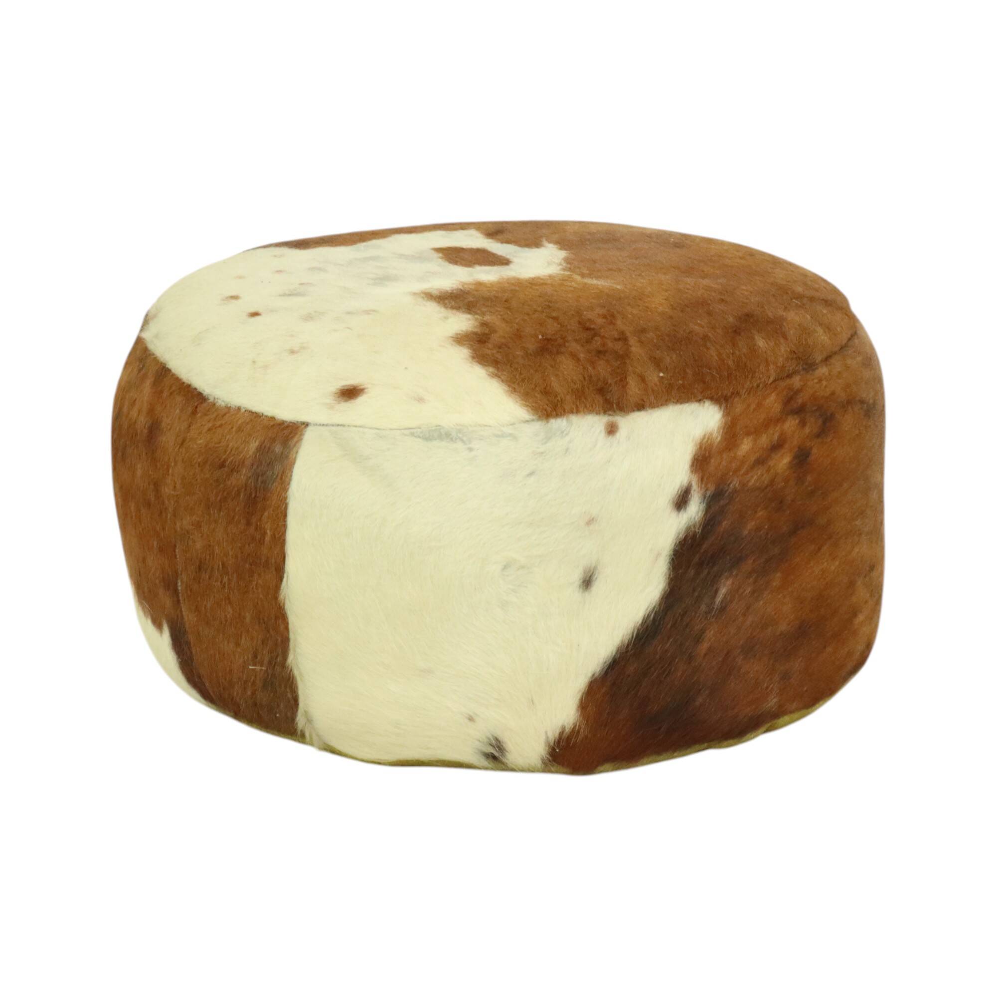 Low Round Vintage Pouf Cowhide Leather Sixties