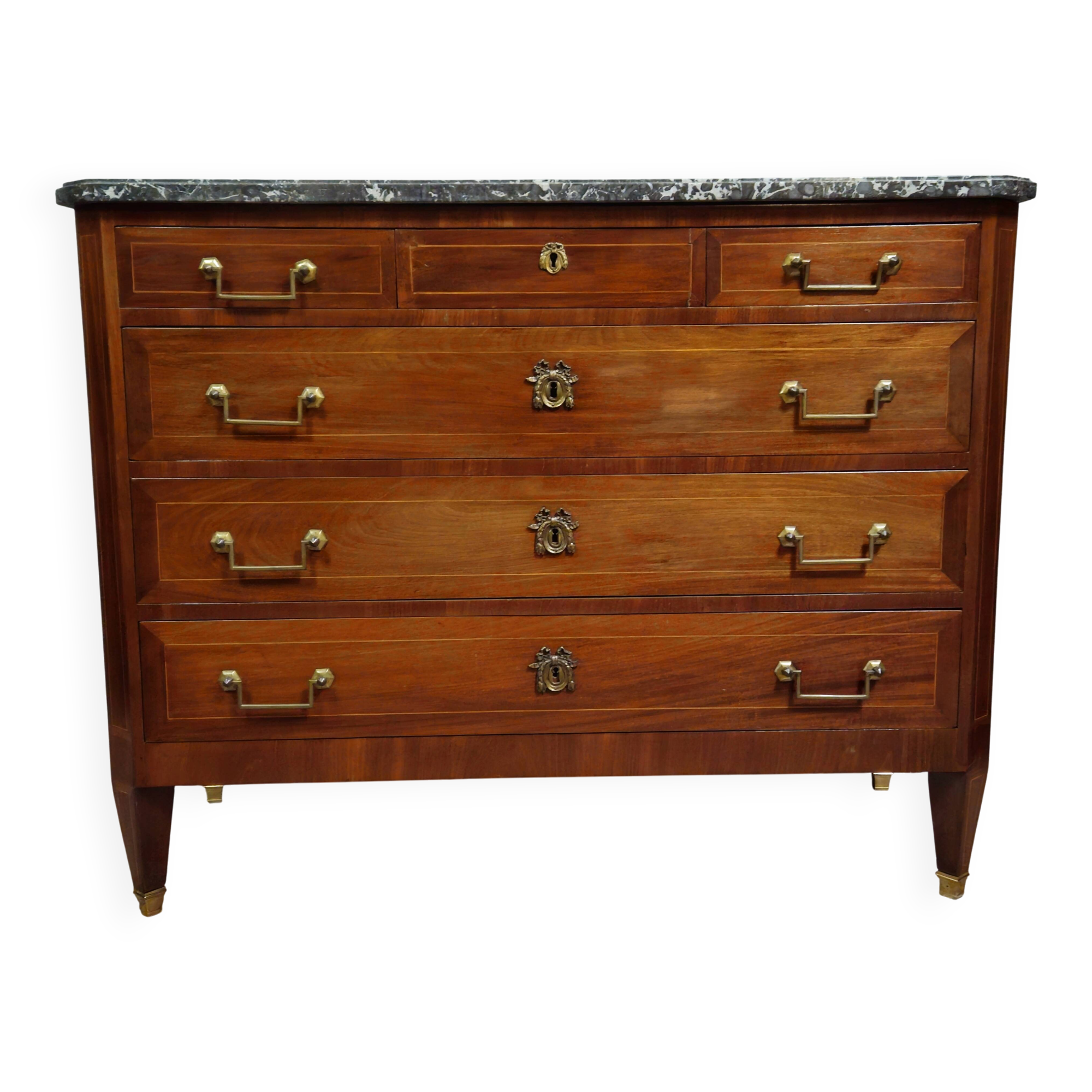 Commode ancienne époque Louis XVI en acajou et filets avec plateau marbre