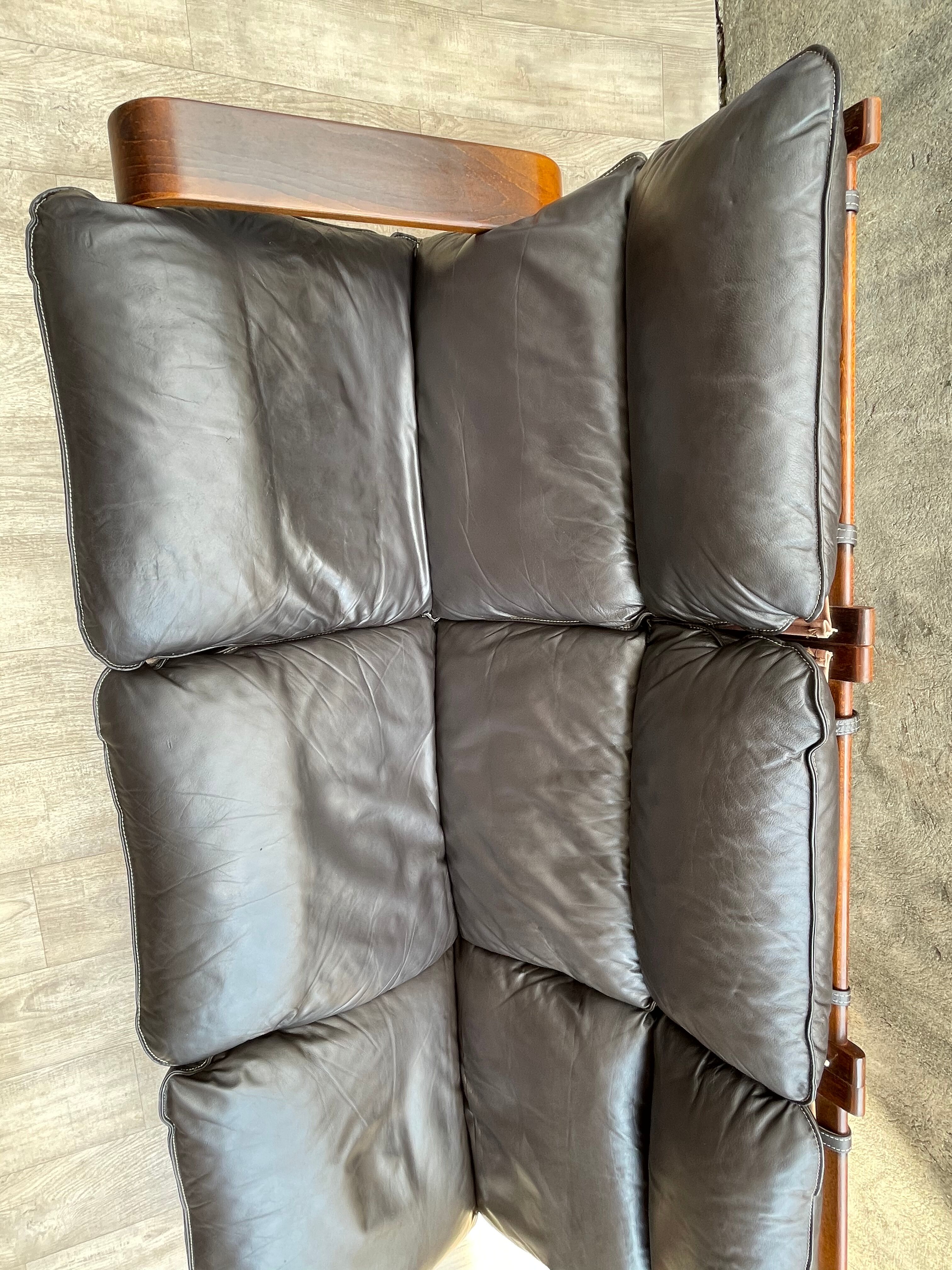 Scandinavian wooden and leather sofa, 1970s