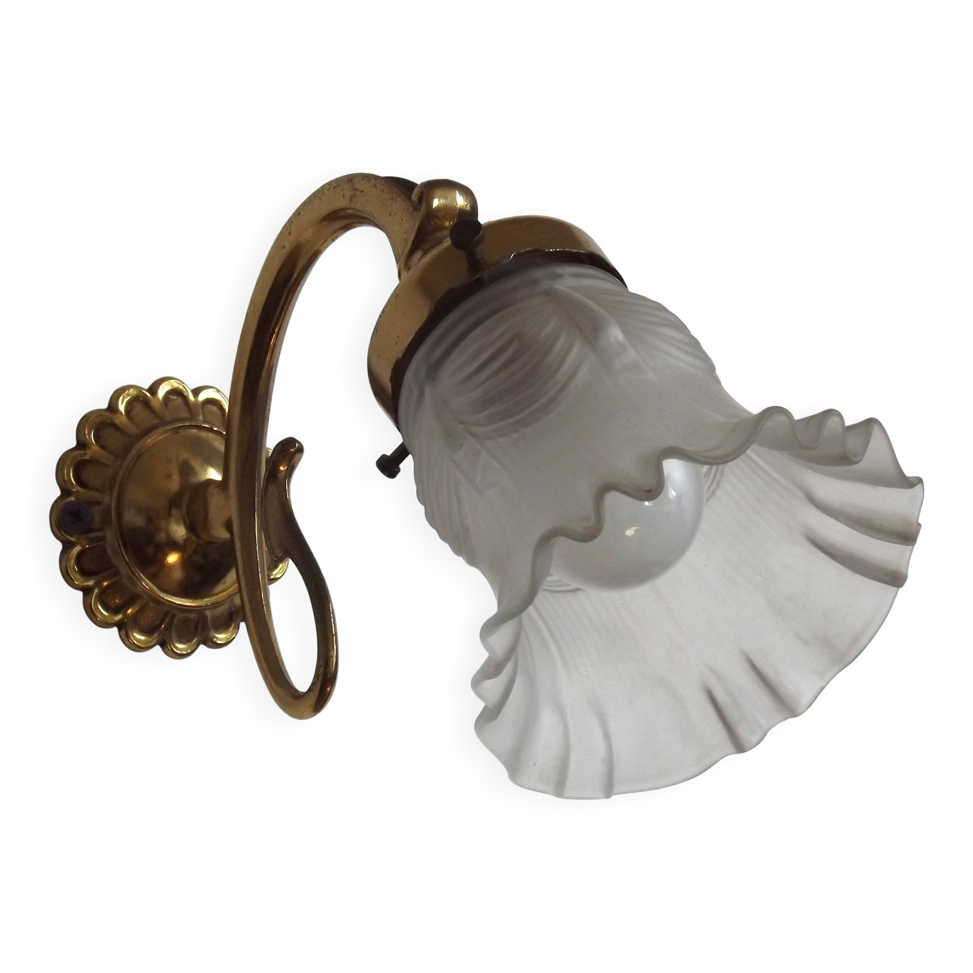 French Vintage Brass Single Wall Light Patterned Frilled Glass Shade