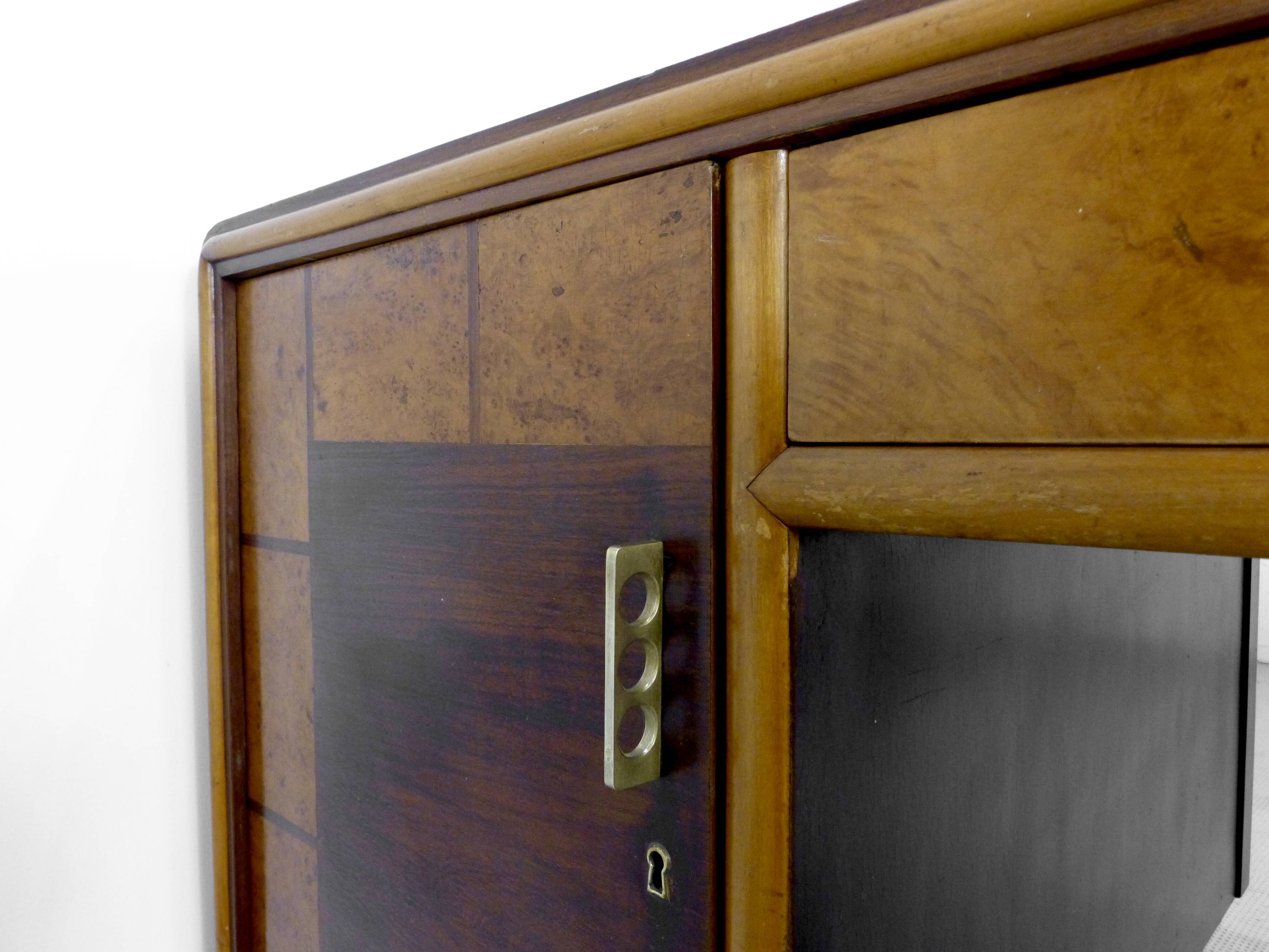 Italian Art Deco Desk In Dark Walnut And Brass.