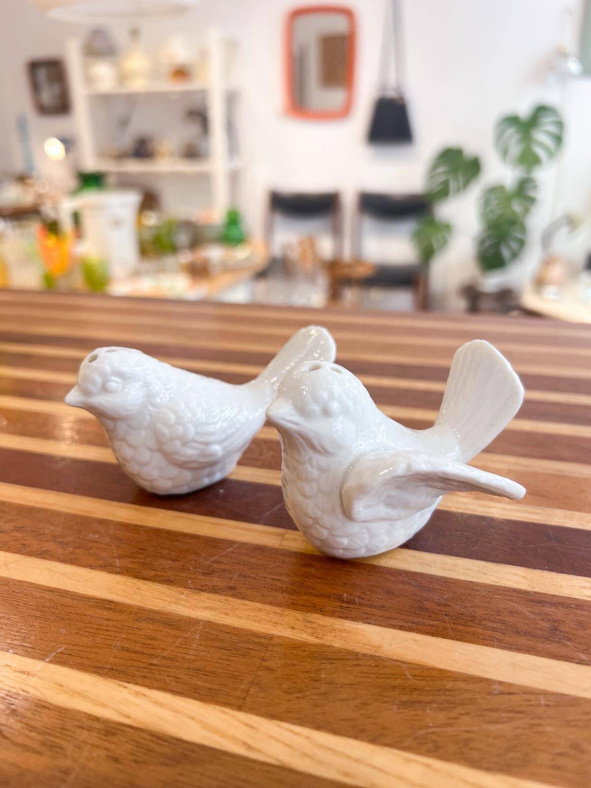 Salière et poivrière en porcelaine motif oiseaux