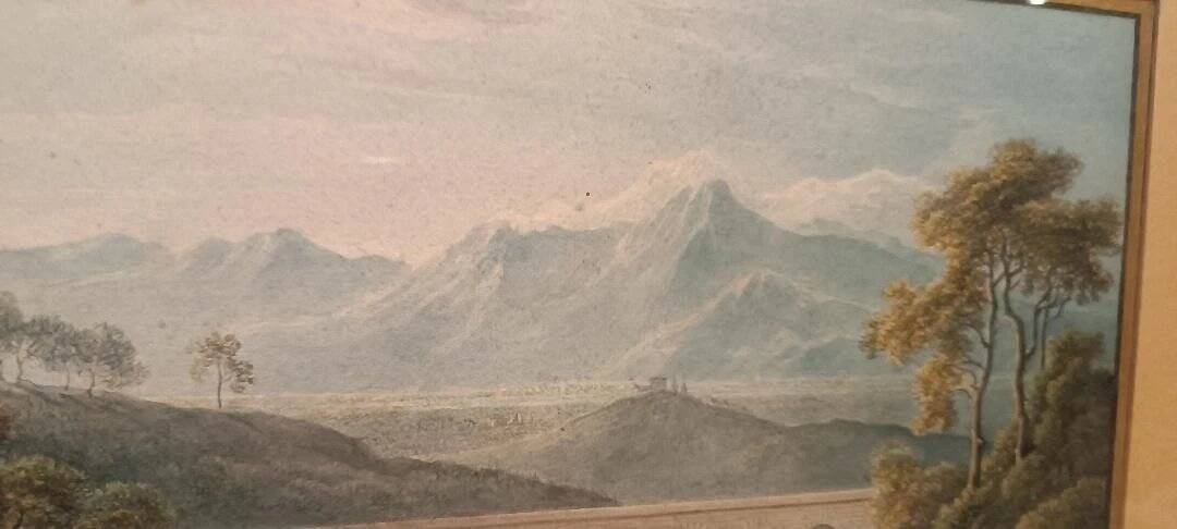 Old watercolour on paper from the early 19th century – landscape with aqueduct and bridge.