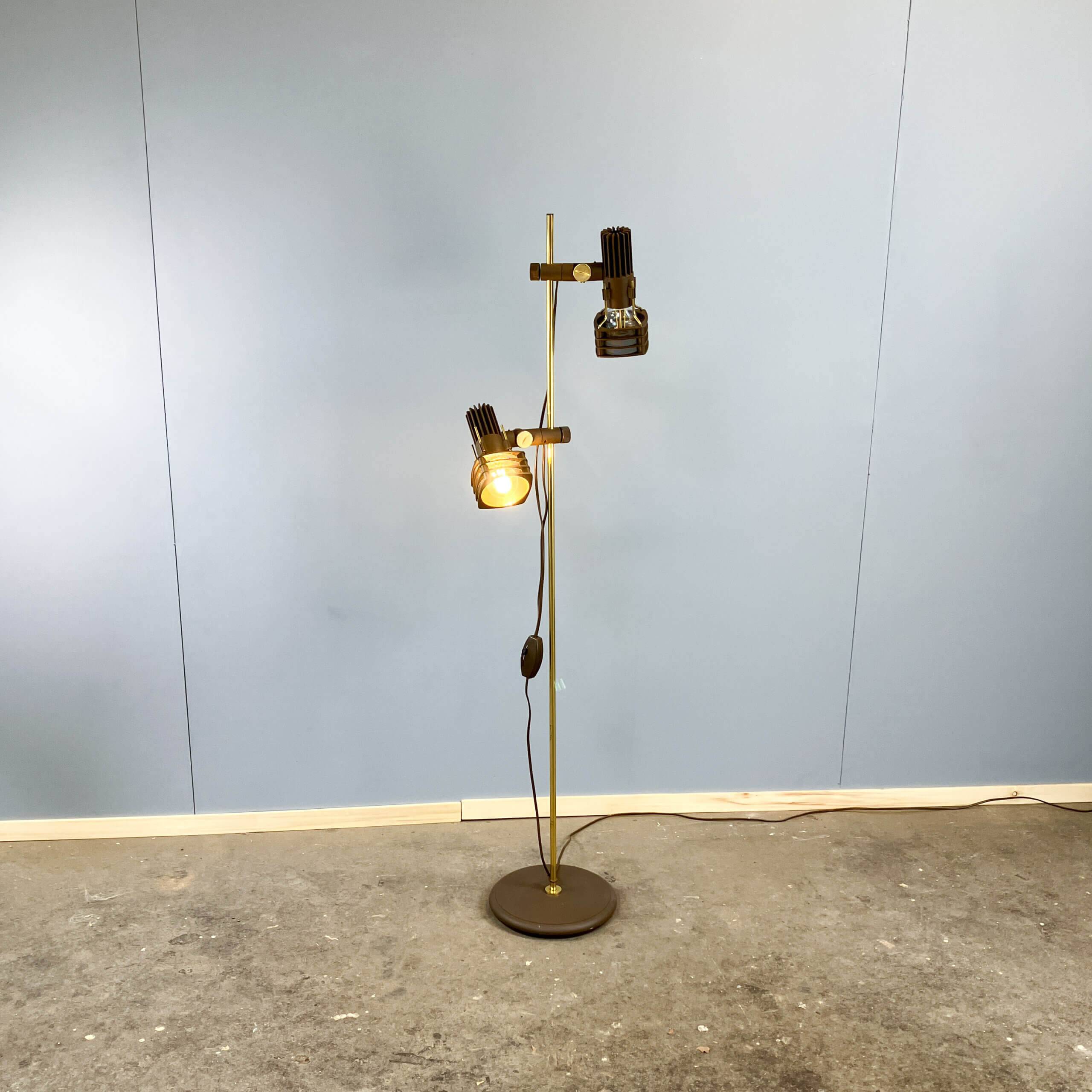 2-bulb floor lamp by Hustadt Leuchten, plastic spotlights on a brass pole, 1970s
