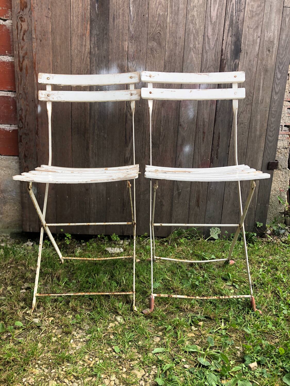 Pair of vintage white metal & wood folding garden chairs