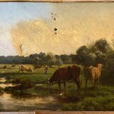 Vaches au pâturage, huile sur toile, tableau ancien