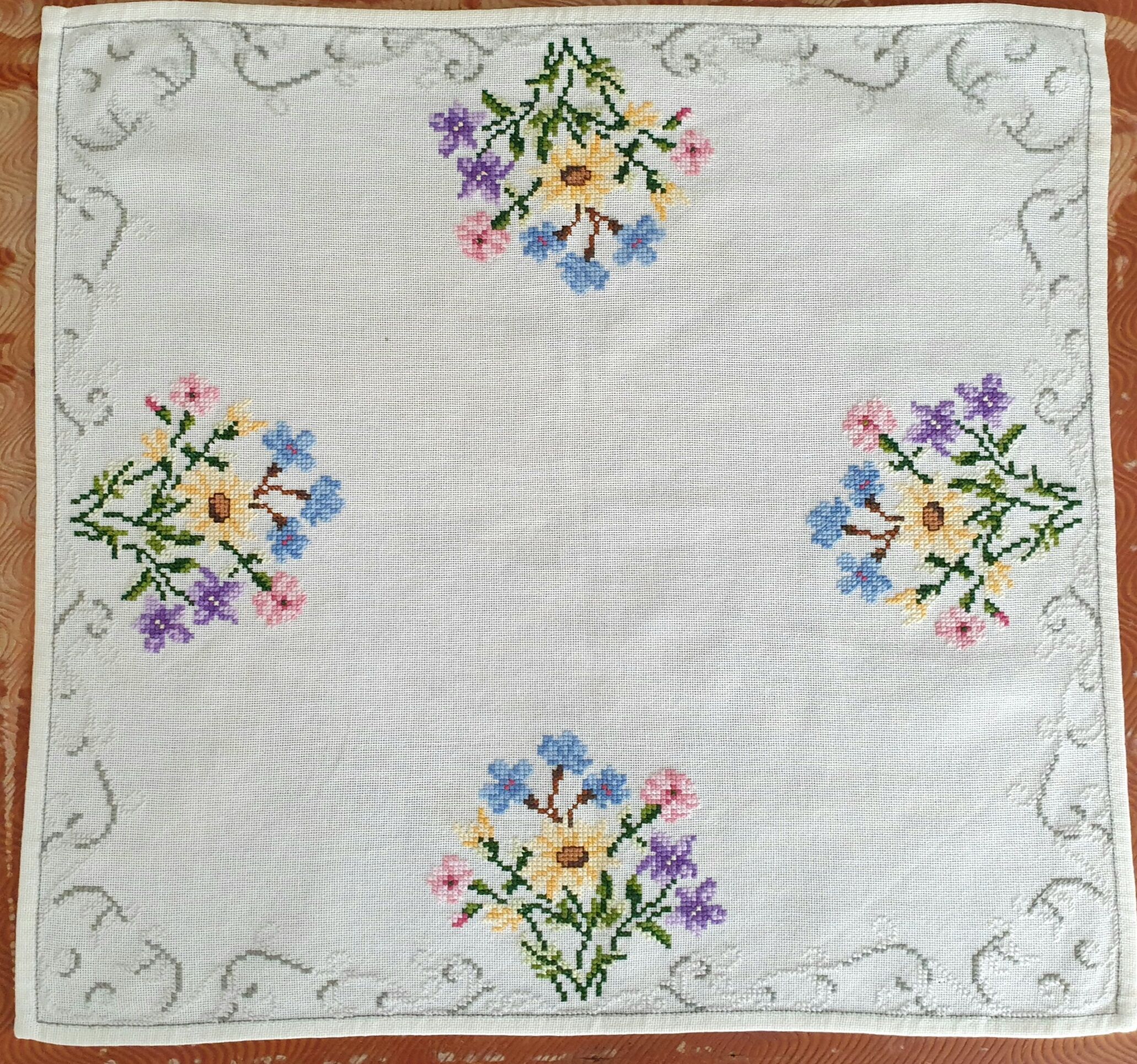 Delicate hand embroidered tablecloth with flowers, Romania