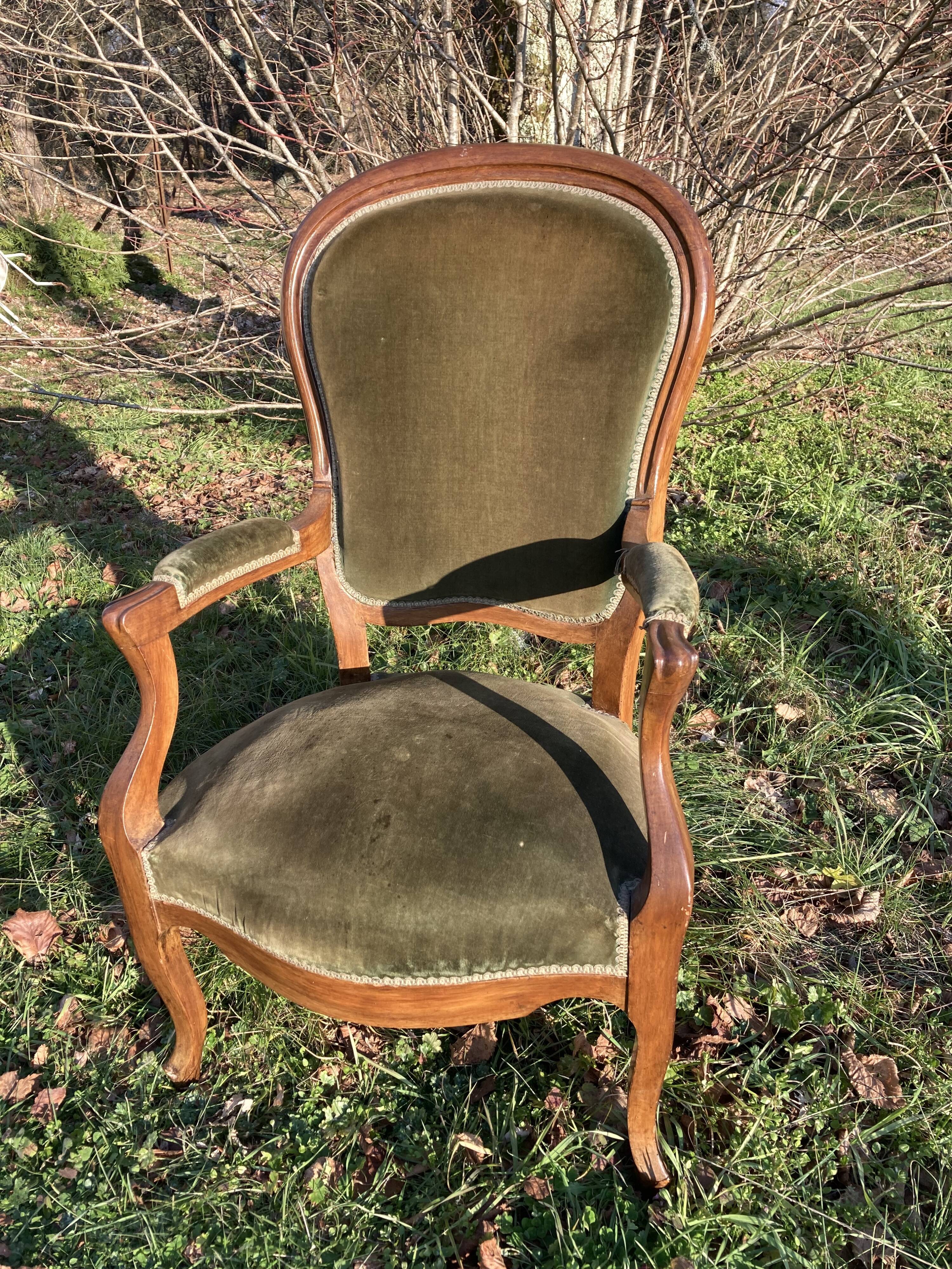 Armchair Voltaire Louis Philippe in wood green velvet XIX
